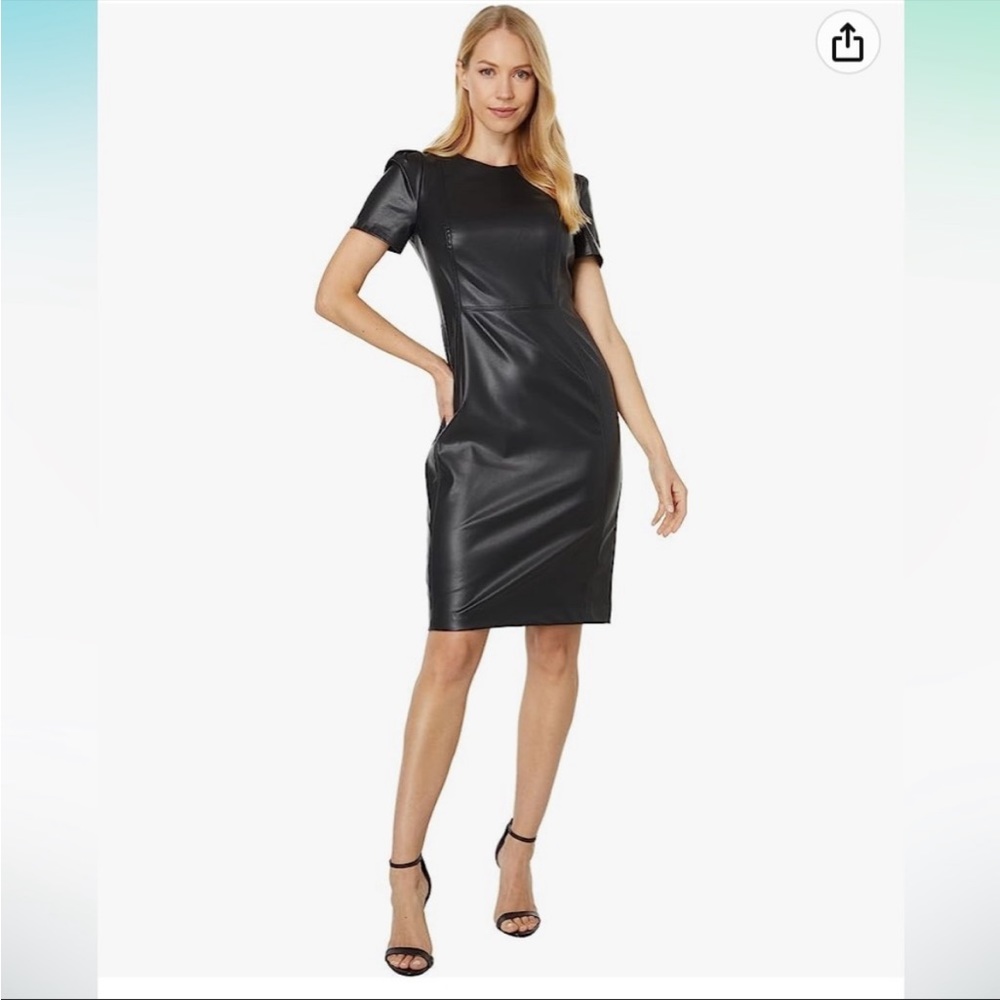 NWT Calvin Klein Black Leather/Pleather Midi Dress | Size 10